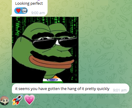 Telegram conversation praising Jayson for picking things up quickly